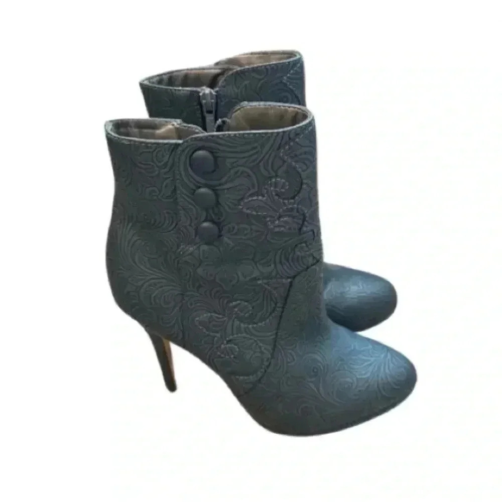 Women’s Dark‎ Gray Floral Design Heel Ankle Boot Size 8